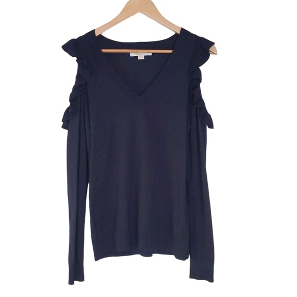 Michael Kors Black Off the Shoulder Ruffle V Neck Sweater - Picture 3 of 10